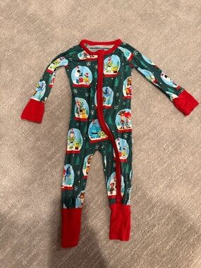 Disney Green Snow Globe Print One-Piece Footie Pajamas with Red Trim